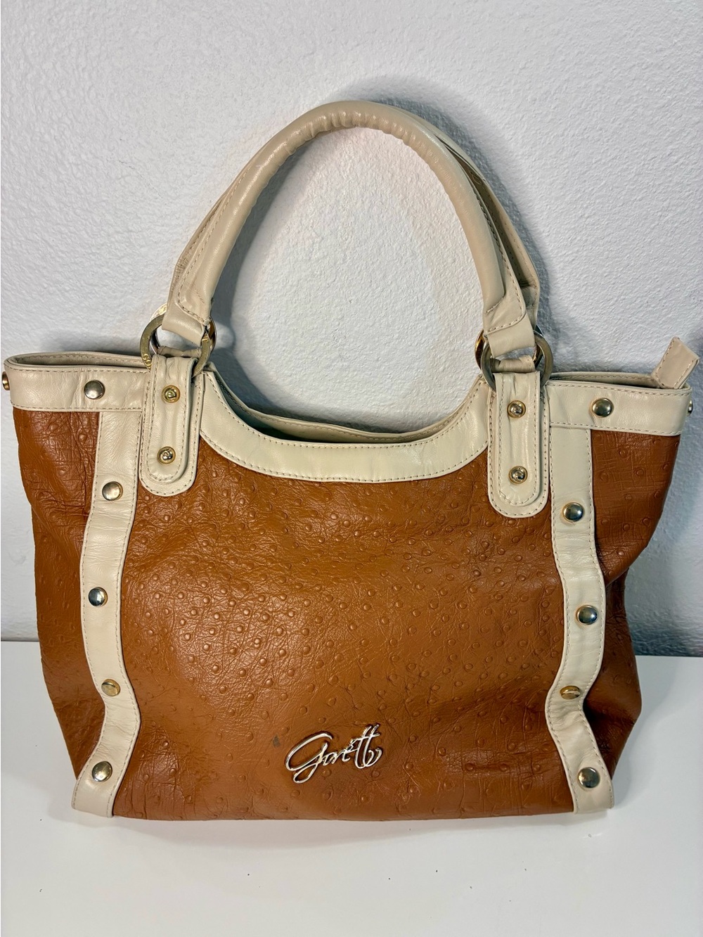 Gorett BR & CR Ostrich Embossed Genuine Leather Shoulder Tote Bag Old Money READ